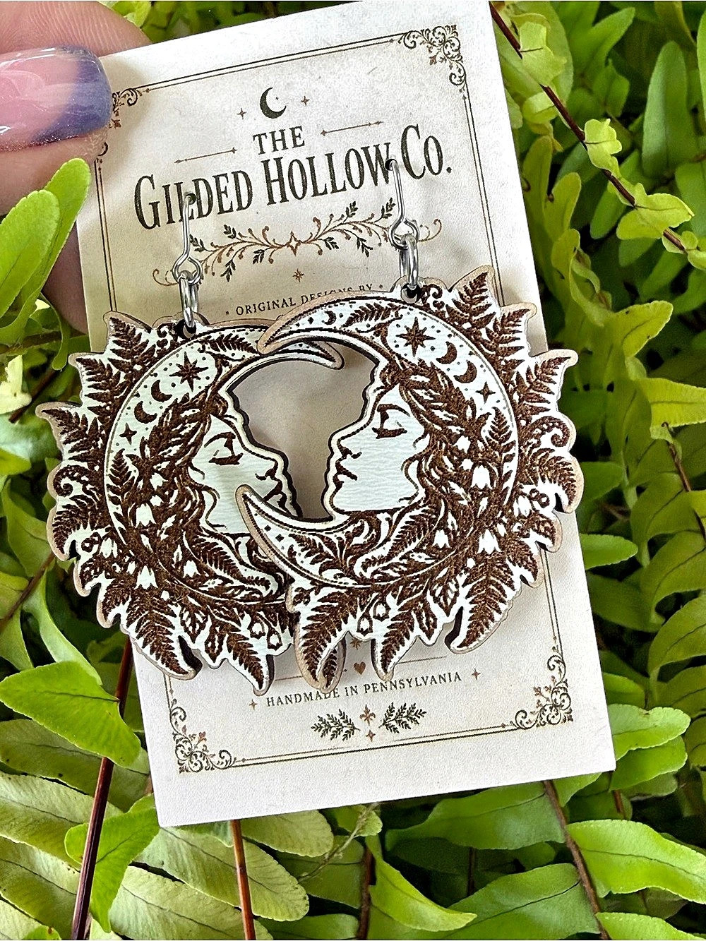 Celestial Moon Face Fern Goddess Wooden Earrings